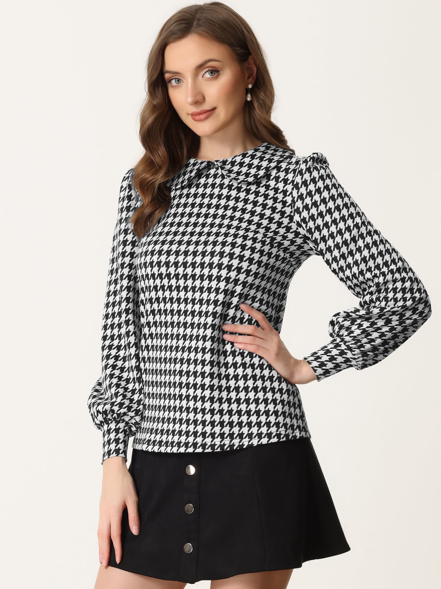 Women's Peter Pan Collar Shirt Fashion Puff Long Sleeve Houndstooth Plaid Blouse XL Black