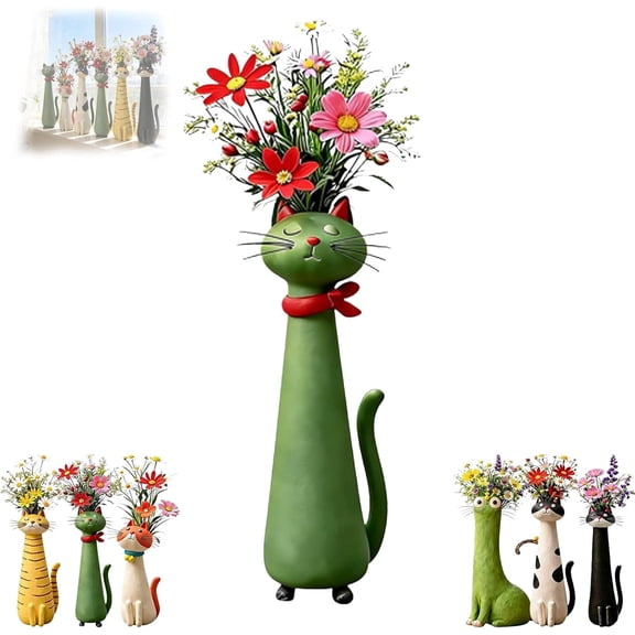 Handcrafted Cat Flower Vase – Ceramic Whimsical Kitty Planter for Small Flowers, Quirky Desk & Shelf Decor, Boho Home Accent, Unique Gift for Cat Lovers