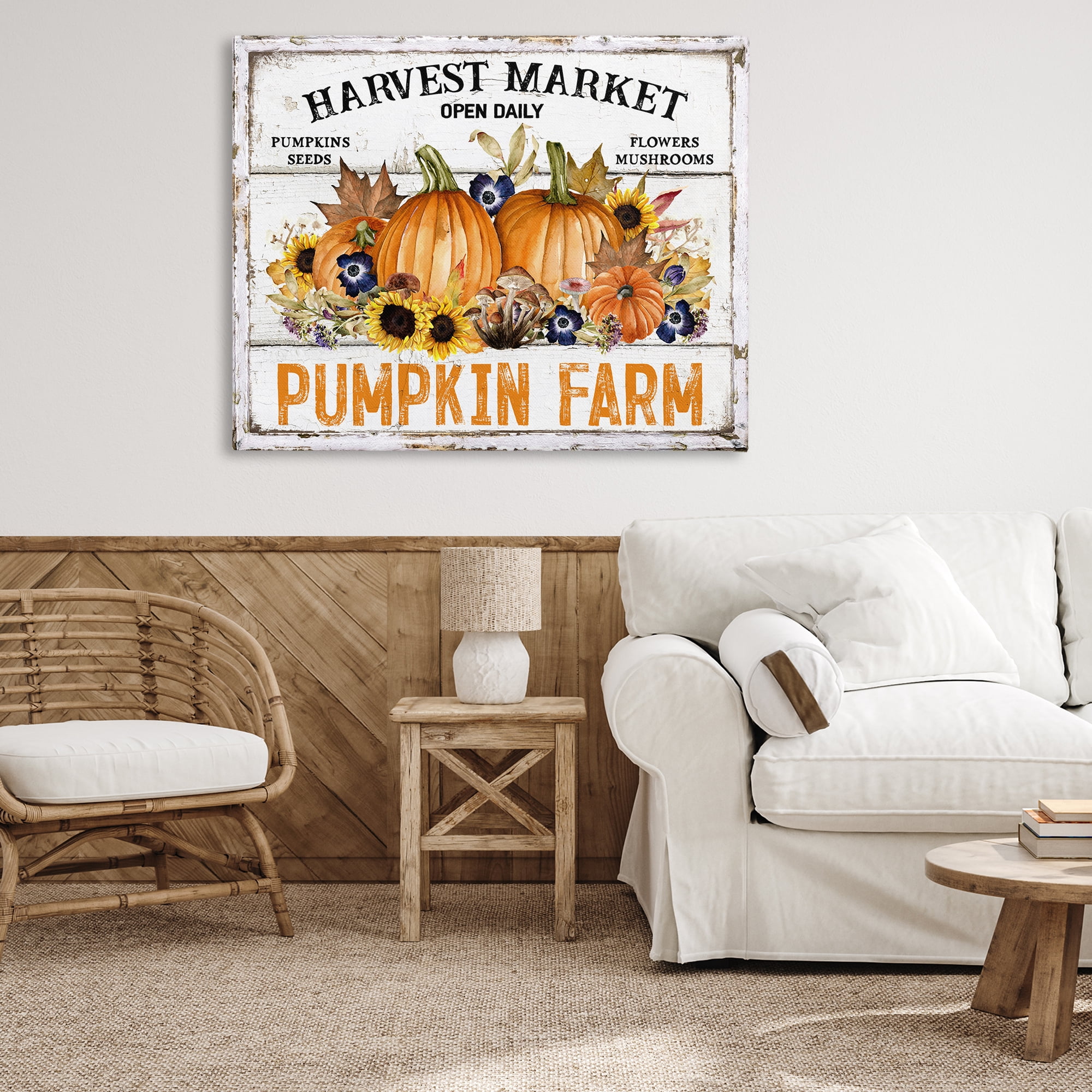 Stupell Industries Pumpkin Farm with Sunflowers Holiday Painting Gallery Wrapped Canvas Art Prints Wall Art, 48 x 36