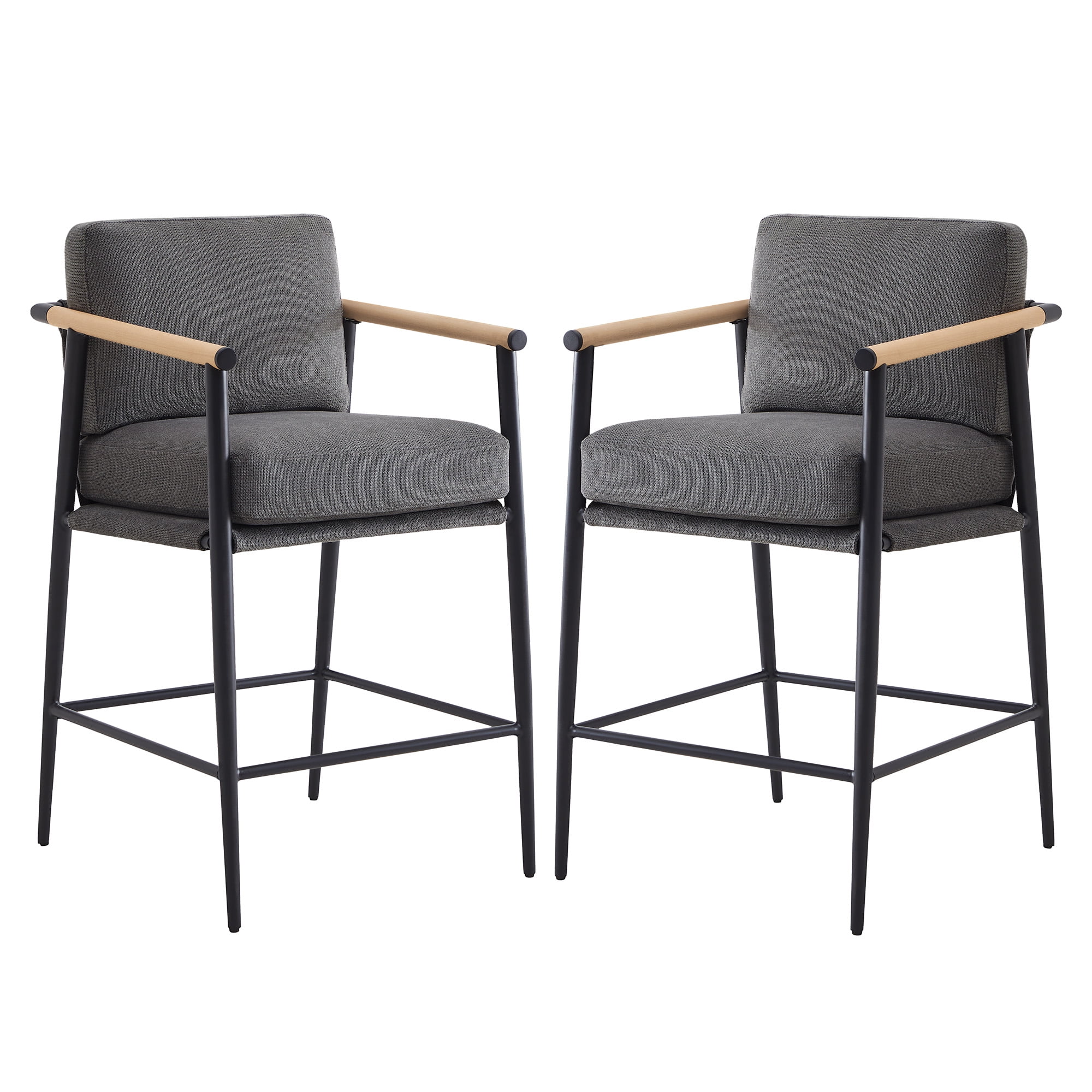 Spruce & Spring Mid-Century Modern Counter Stool Set with Wood Armrests and Cushioned Sling Seat Set of 2, Grey Fabric