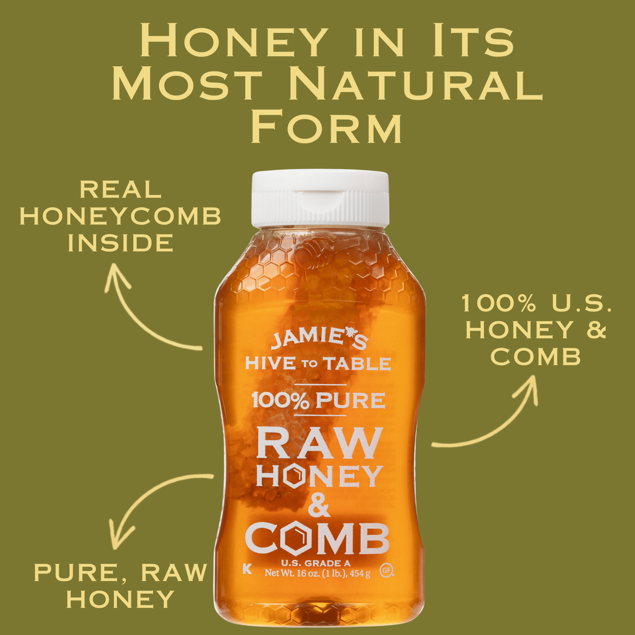 Jamies Hive to Table 100% Raw Honey & Comb, Premium, Pure Honey, 16 oz Bottle