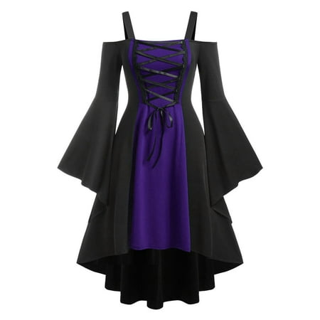 

Women Gothic Dress Creawneck Bell Sleeve Renaissance Steampunk Cocktail Dress Long Sleeve Cold Shoulder Empire Waist Tie Pleated Ruffle Halloween Cosplay Long Dress
