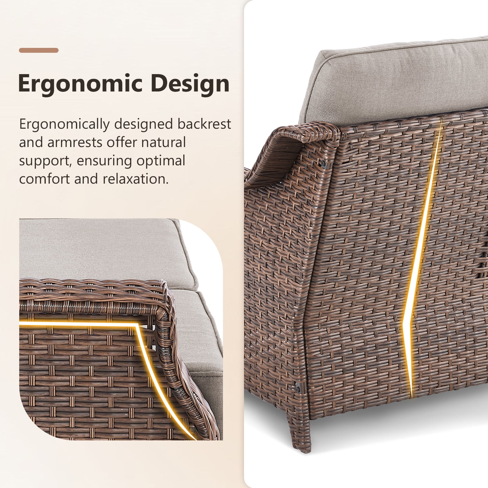 POCASSY 6PCS Outdoor Furniture Set with 6" Thick Cushion, Outdoor Sofa Couch Set with Swivel Chairs and Ottoman, Brown Wicker Patio Furniture Set for Porch Balcony in Beige Olefin Cushion