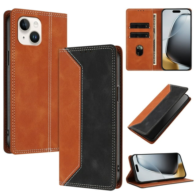 Funda FOXDOCK para iPhone 13 de Cuero Premium Bicolor con Ranuras RFID, Carcasa Tipo Billetera Antigolpes y Soporte Plegable