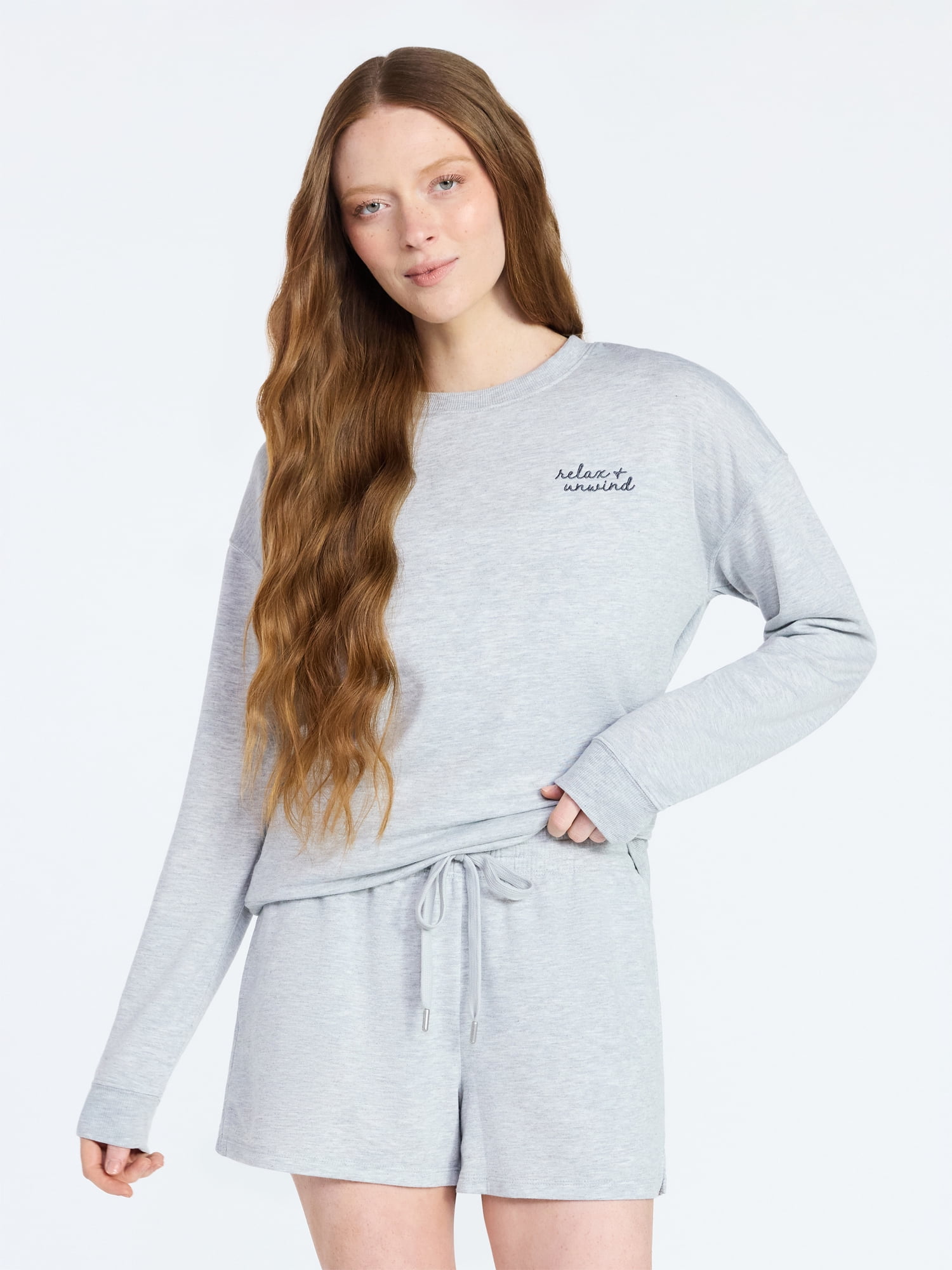 Joyspun Women's French Terry Long Sleeve Top and Shorts Lounge Set, 2-Piece, Sizes XS-3X