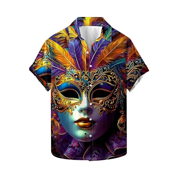 YuXingFu Mardi Gras Carnival Top for Men Shirts for Men Short Sleeve Clearance Sale S Men's Mardi Gras Print Button Casual Short Sleeve Lapel Shirt