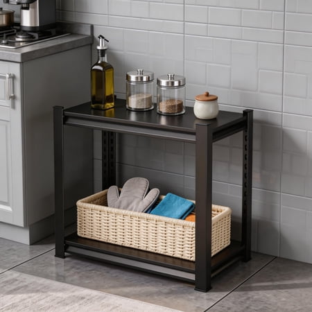 2-Tier Heavy Duty Metal Storage Shelf 16"W x 10"D x 22"H Black, 1000LBS Capacity Adjustable Steel Shelving Unit with Double-Layer Panels & Thickened Columns for Home Kitchen Commercial Office