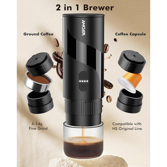 Portable Electric Espresso Machine & Manual Coffee Grinder & Electric Milk Frother All in 1 Mini Travel Coffee Maker Set for Camping, Car, RV, Hiking, Office, Home, Ground Coffee & NS Capsules