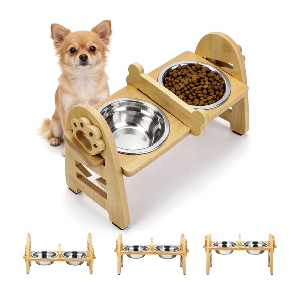 Adjustable Elevated Dog Bowl Stand, Bamboo Feeder with 2 304 Stainless Steel Bowls, Pet Feeder for Dogs and Cats