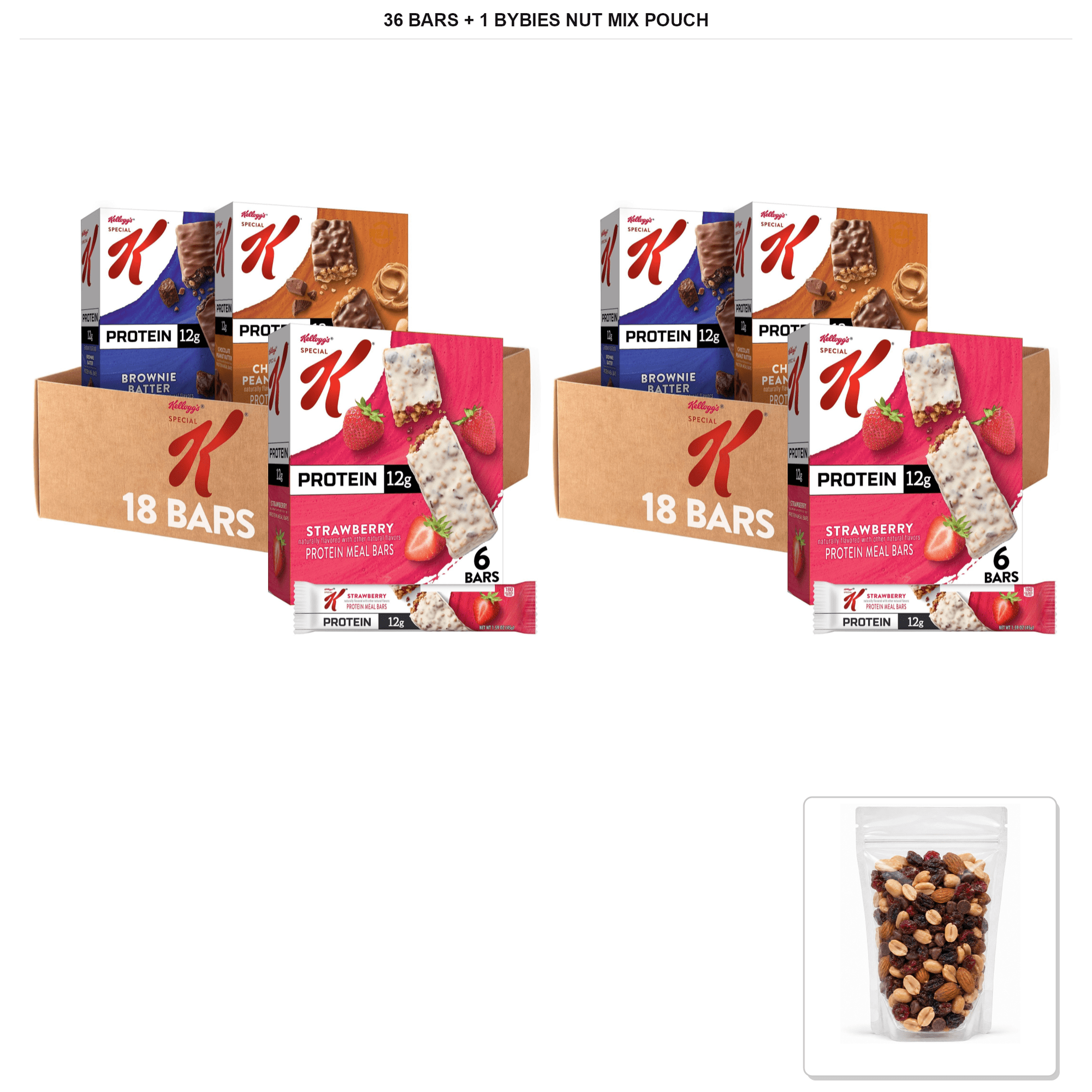Special K Protein Meal Bar Variety Pack, Strawberry, Chocolate Brownie Batter, and Chocolate Peanut Butter, 36 Bars + 1x Bybies Nut Mix Pouch, 2 oz
