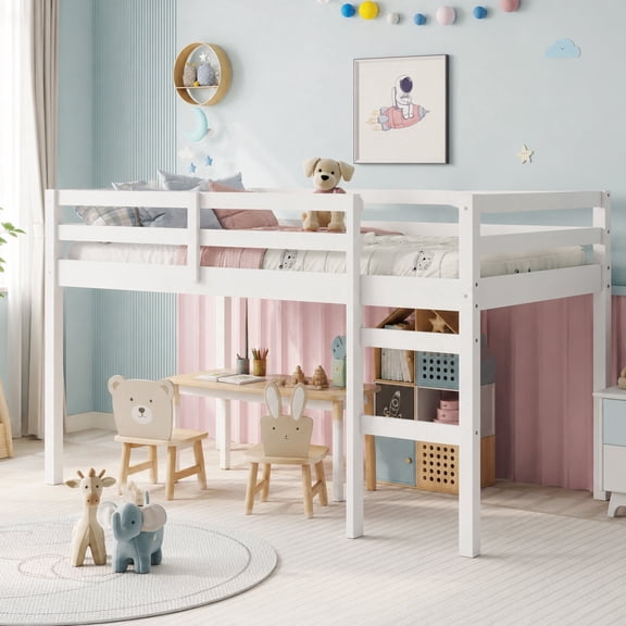UHOMEPRO Twin Size Loft Bed, Solid Wood Loft Bed Frame with Wooden Slats, Modern Low Loft Bed for Boys Girls, No Box Spring Needed, White