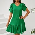thumbnail image 2 of fheaev Summer Dresses For Women 2024 Ruffle Hem Short Sleeve V-Neck Casual Smock Green Mini Dresses, 2 of 7