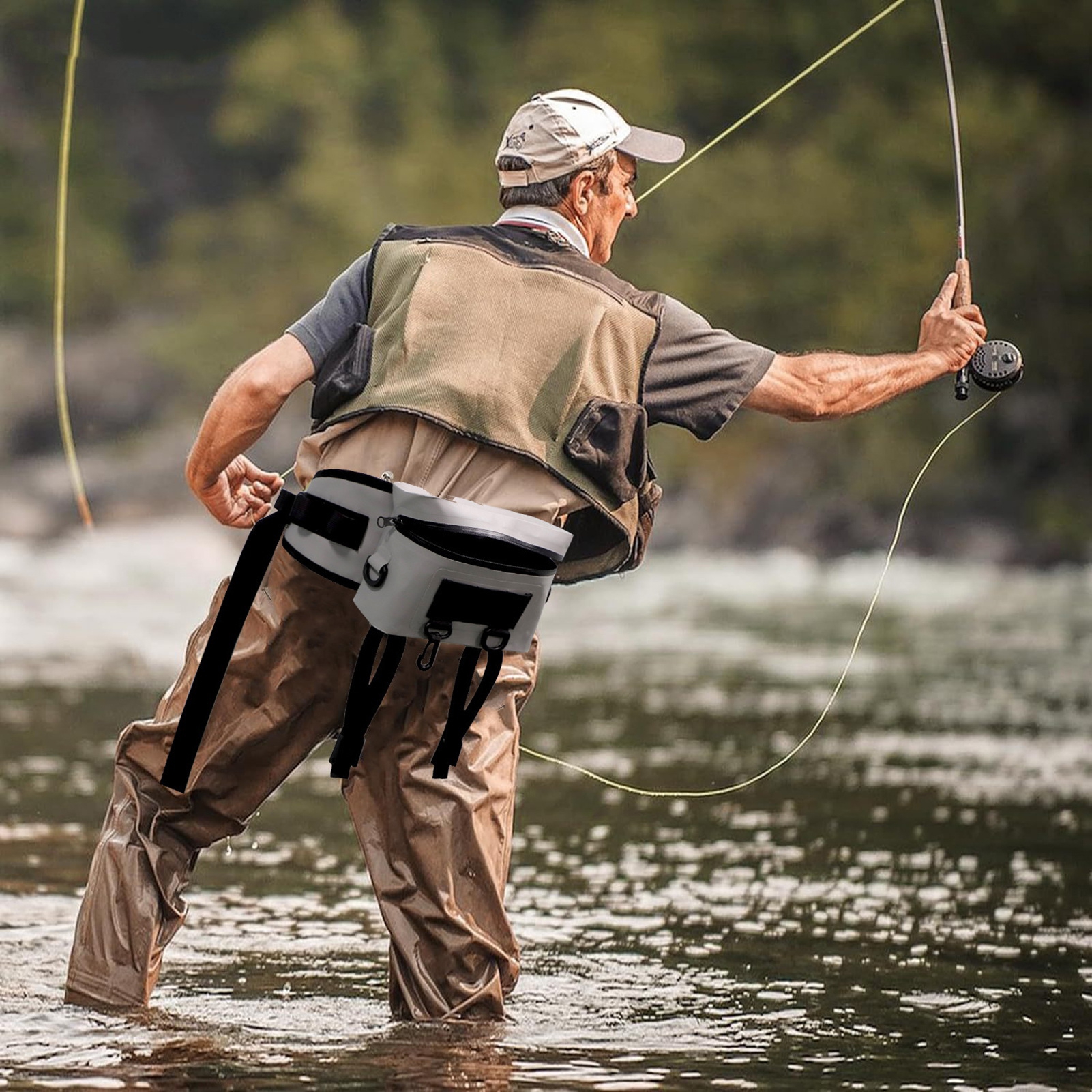 Hyasfey Waterproof Fishing Waist Bag with Rod Holder Adjustable Strap Portable Outdoor Fishing Accessories Organizer Fanny Pack Chest Sling Pouch