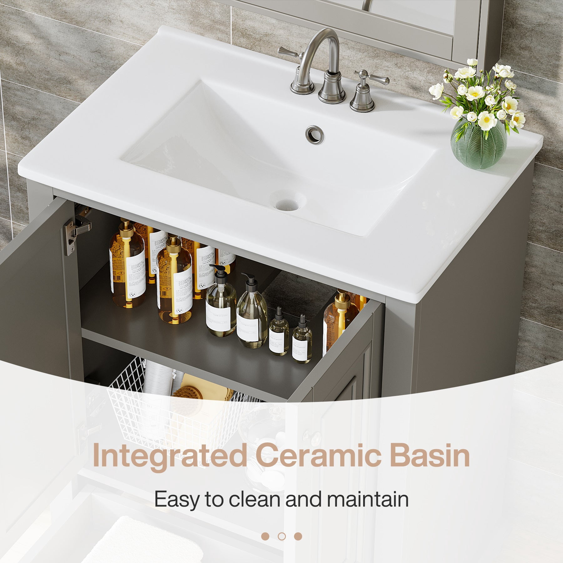 Fnova 24" Bathroom Vanity with Ceramic Sink Combo Freestanding Bathroom Storage Cabinet with 2 Doors 1 Drawer Solid Wood Frame Soft Close Hinges Waterproof Coated Surface for Small Bathroom