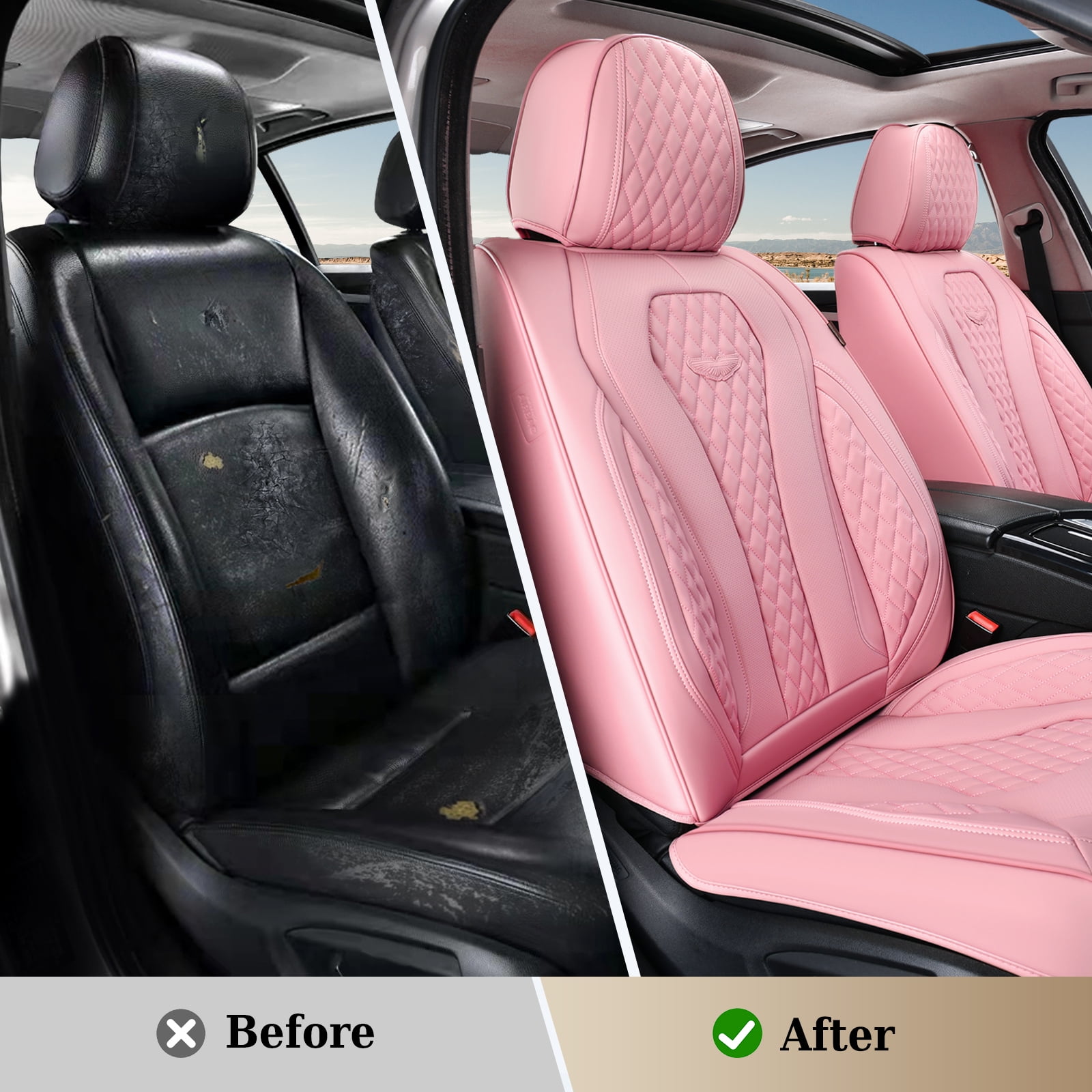 Coverado Car Seat Covers Full Set, Pink Front and Back Automotive Seat Protectors, Universal Leather Auto Cushions Fit for Most Cars, SUVs and Trucks