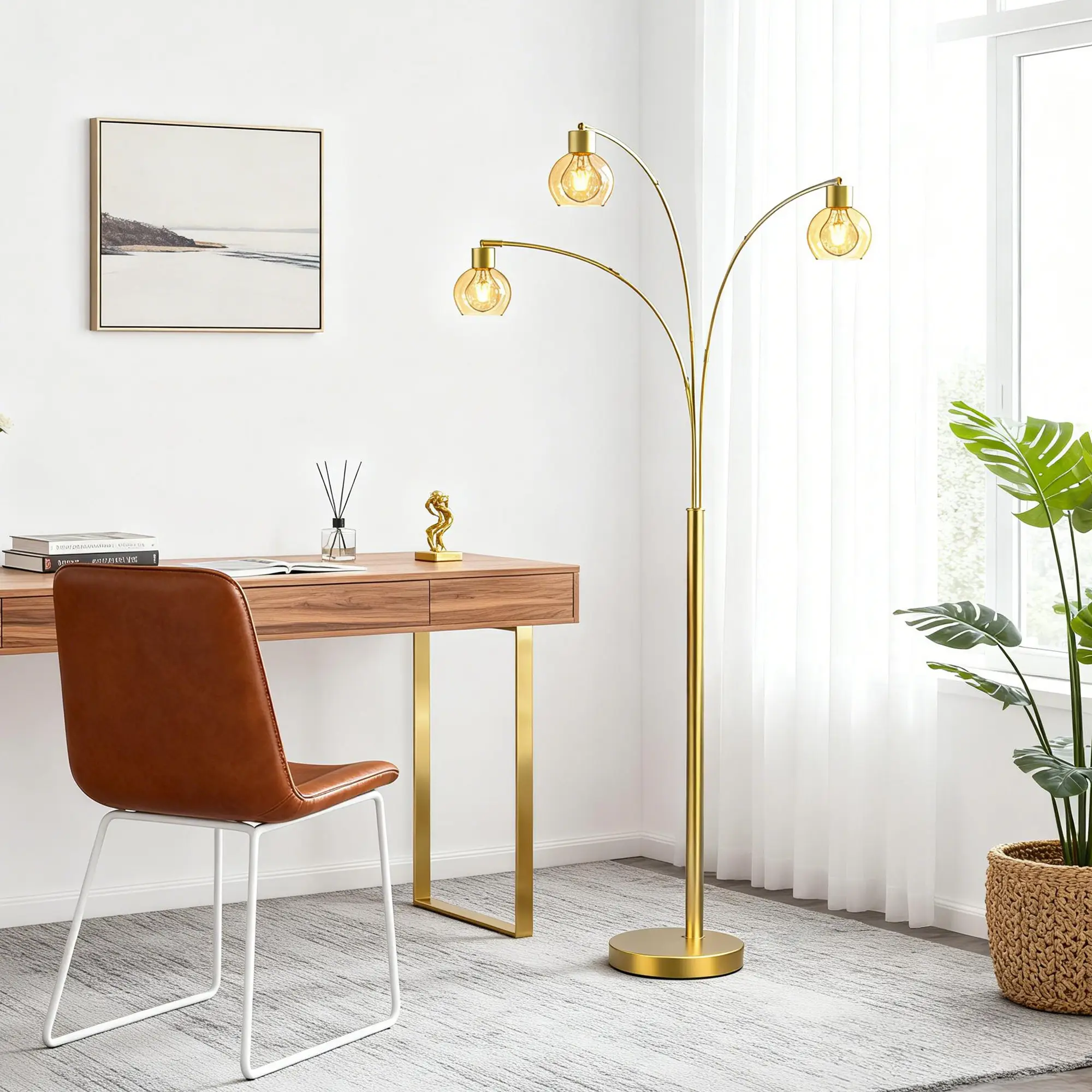 72.8in 3-Light Arc Floor Lamp Brushed Gold , Modern Industrial Standing Tree Lamp for Living Room Bedroom Office Decor