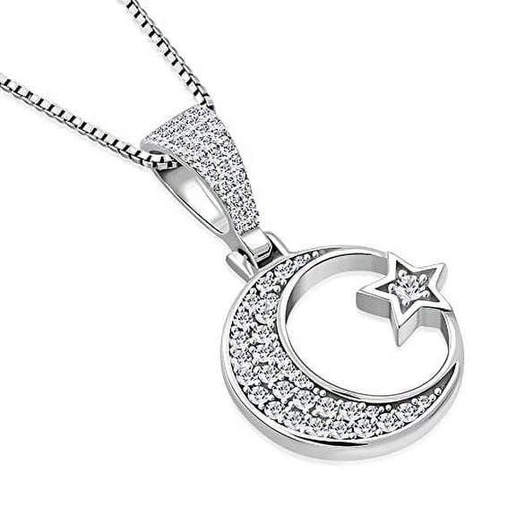 My Daily Styles 925 Sterling Silver CZ Islamic Muslim Pendant Necklace with Crescent Moon and Star Design