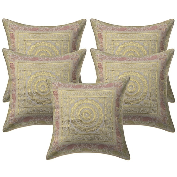 Stylo Culture Ethnic Settee Sofa Throw Pillow Covers 16x16 Jacquard White Square 40x40 cm Home Decor Brocade Floral Mandala Zippered Cushion Covers | Set Of 5
