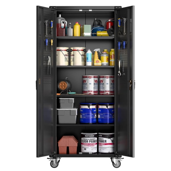 72" Rolling Metal Tool Cabinet with Lock, Adjustable Shelves, Pegboard Doors, Mobile Storage Organizer for Garage, Workshop, Home Office