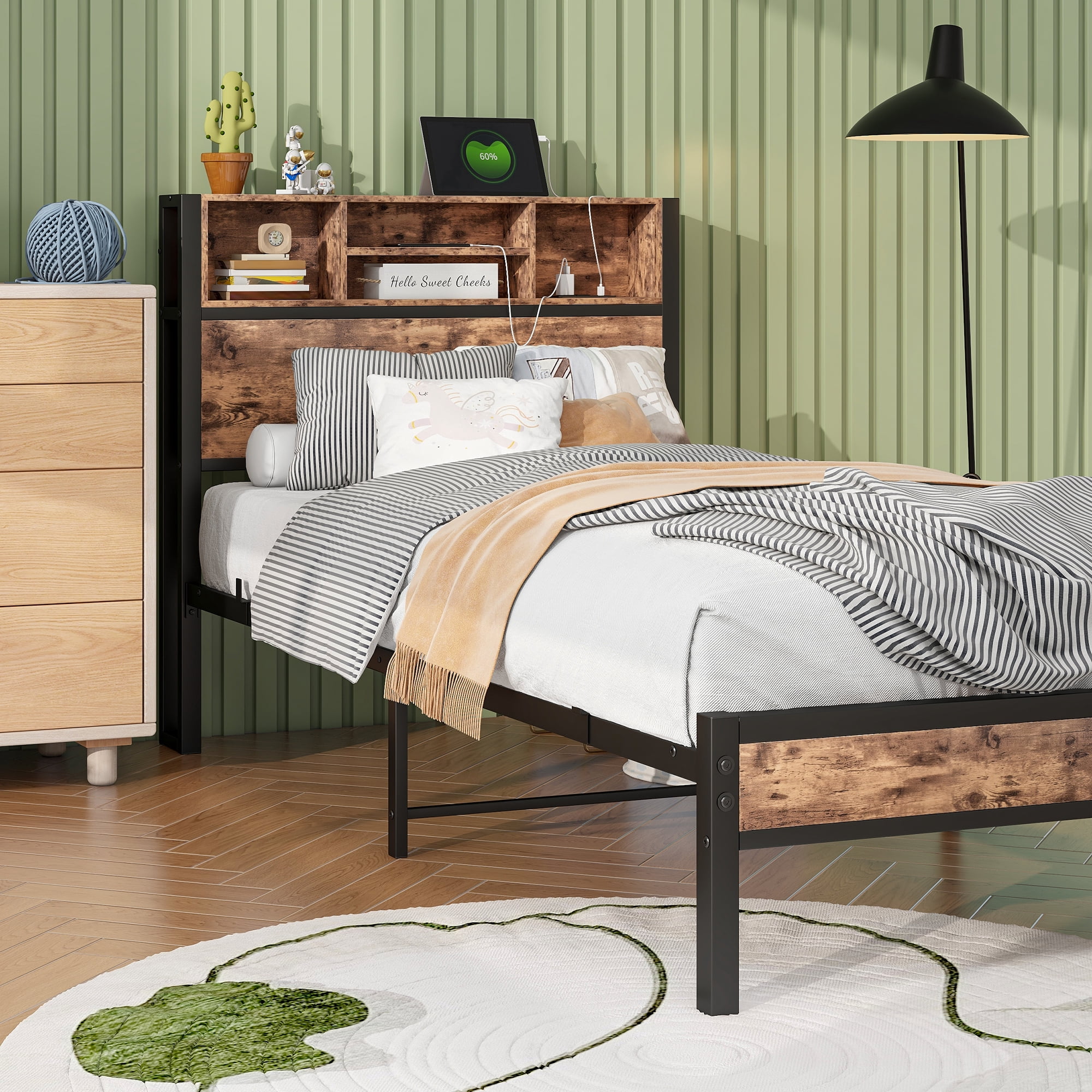 Twin Size Metal Platform Bed Frame with Storage Headboard - Charging Station, Bookcase, No Box Spring Needed