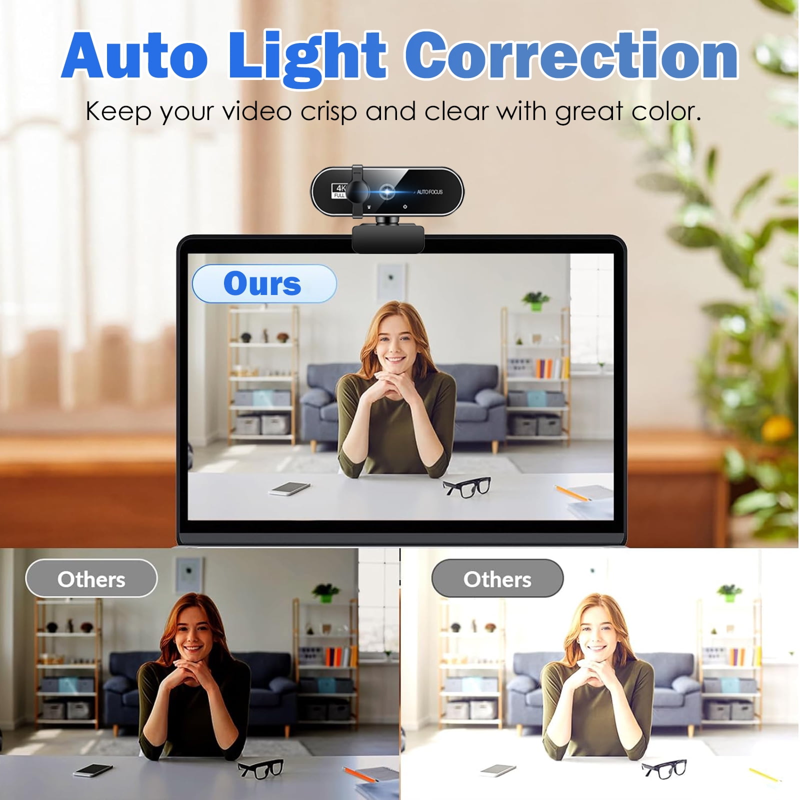 RONY 4K Webcam with 2 Microphones for Laptop, Autofocus Webcam with Noise-cancelling, Conference Streaming PC USB Webcam, Black