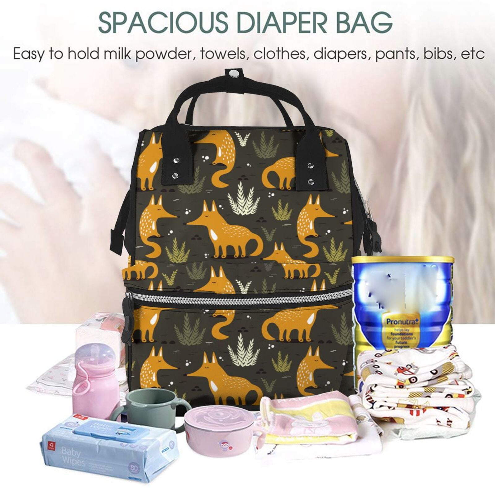 Ratiio Funny Fox by the Field Mummy Backpack - Waterproof Twill Canvas, Large Capacity Diaper Bag with Multiple Pockets and Adjustable Straps