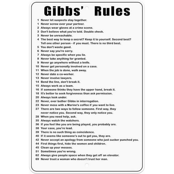 Gibbs' Rules Ncis Décor Cuisine Garage Bar Panneau en Métal 12x16 Pouces
