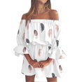 thumbnail image 1 of Vestido de mujer con estampado floral, hombros descubiertos, mangas largas con volantes, cintura alta, estilo túnica con volantes y corte en A., 1 of 5