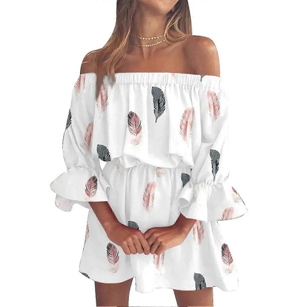 Vestido de mujer con estampado floral, hombros descubiertos, mangas largas con volantes, cintura alta, estilo túnica con volantes y corte en A.