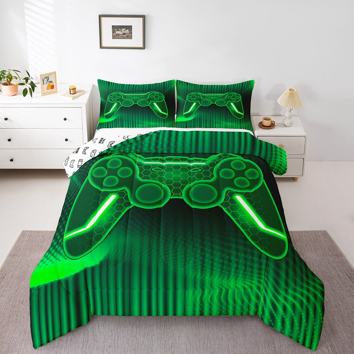 Erosebridal Green Gamepad Bedding Full Comforter Set, Gradient Geometry Down Comforter, Gaming Sports Decor, Ultra Soft 3pcs