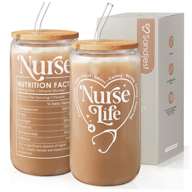Vaso para beber SANDJEST Nurse Life Glass 473 ml con tapa y pajita