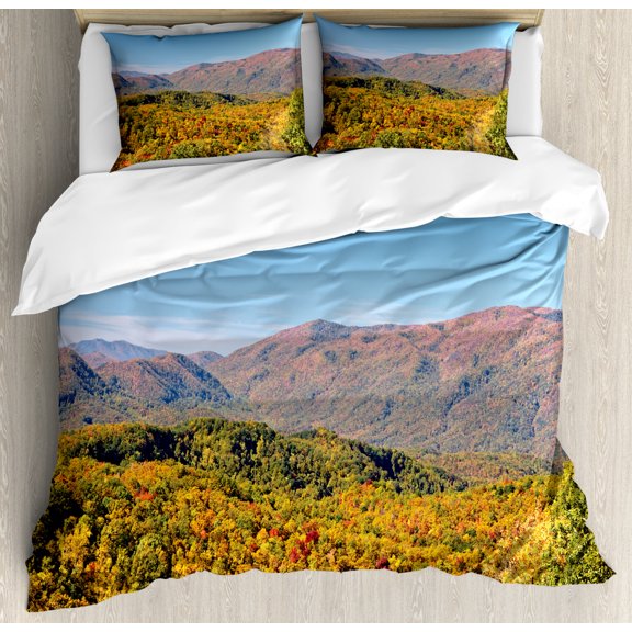 Appalachian Duvet Cover Set Queen Size, Daytime Photo of Woodland in Amazing Fall Colors in Smoky Mountains Tennessee, Decorative 3 Piece Bedding Set with 2 Pillow Shams, Multicolor, by Ambesonne