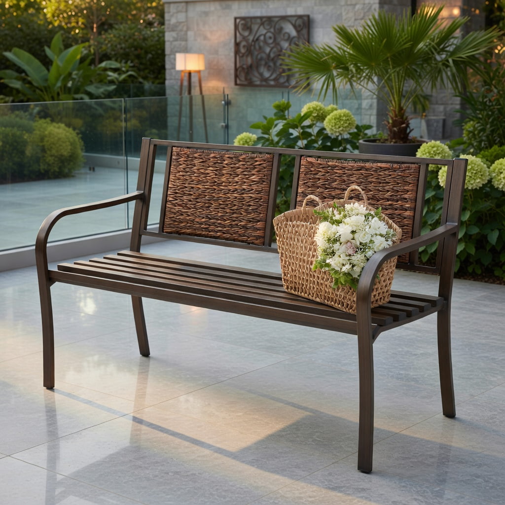 Hommoo Outdoor Patio Bench, Heavy-Duty Powder-Coated Steel Frame with All-Weather PE Rattan, Garden, Backyard & Balcony Seating, Bronze