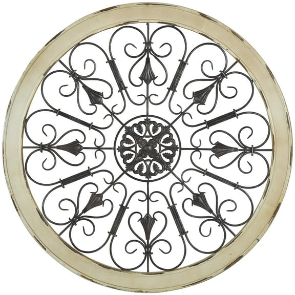 DecMode Cream Wood Window Inspired Scroll Wall Decor with Metal Scrollwork Relief