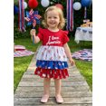 thumbnail image 3 of Toddler Baby Girl 4th of July Dress Outfit Patriot Independence Day Dress I Love American Letters Short Sleeve Doll Collar Red White Blue Star Striped Print Bow Layered Summer Holiday Party Dress, 3 of 9
