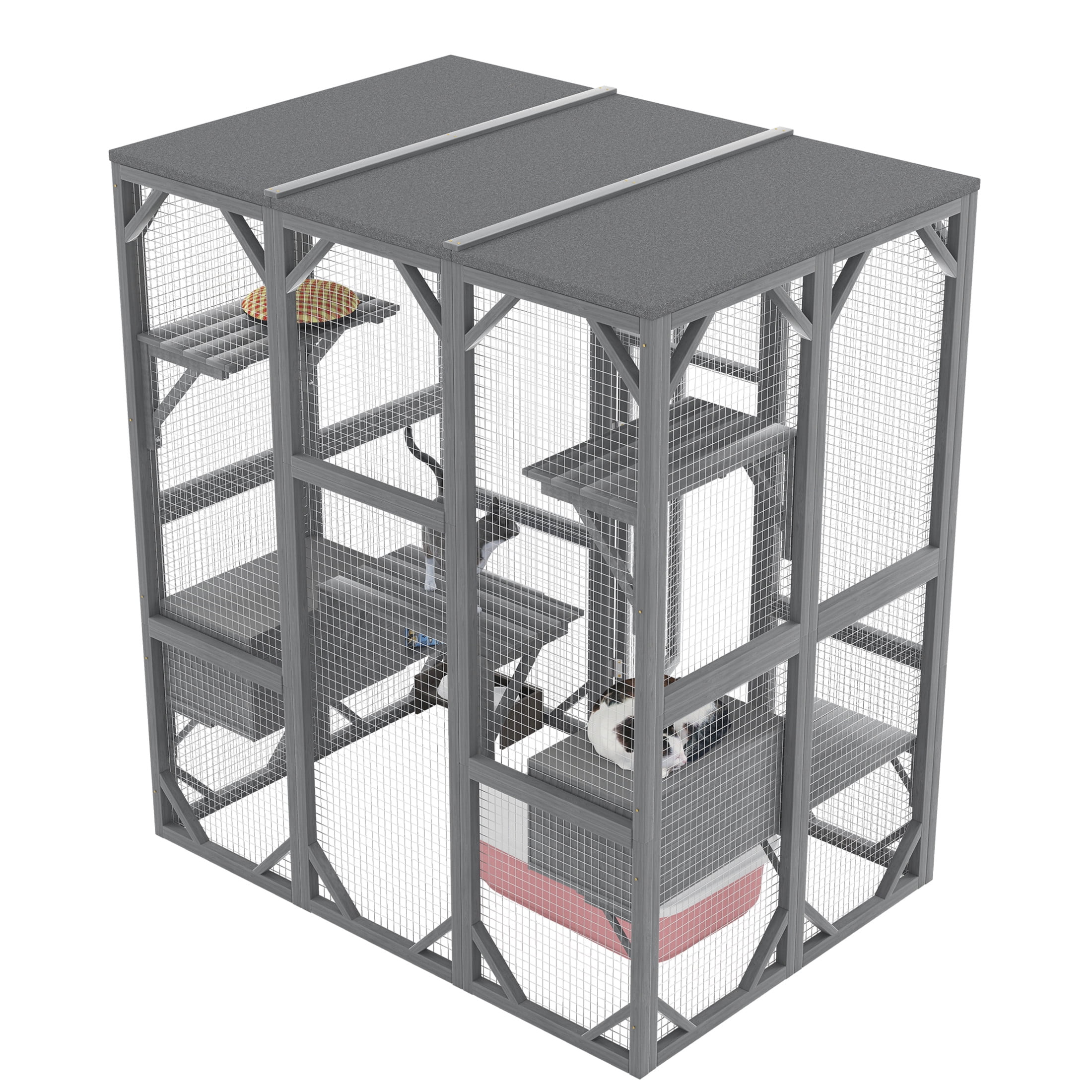 Noble House Large Outdoor Cat Enclosure, Wood Cat House with 6 Platforms & Lockable Doors for Patio Garden, Gray