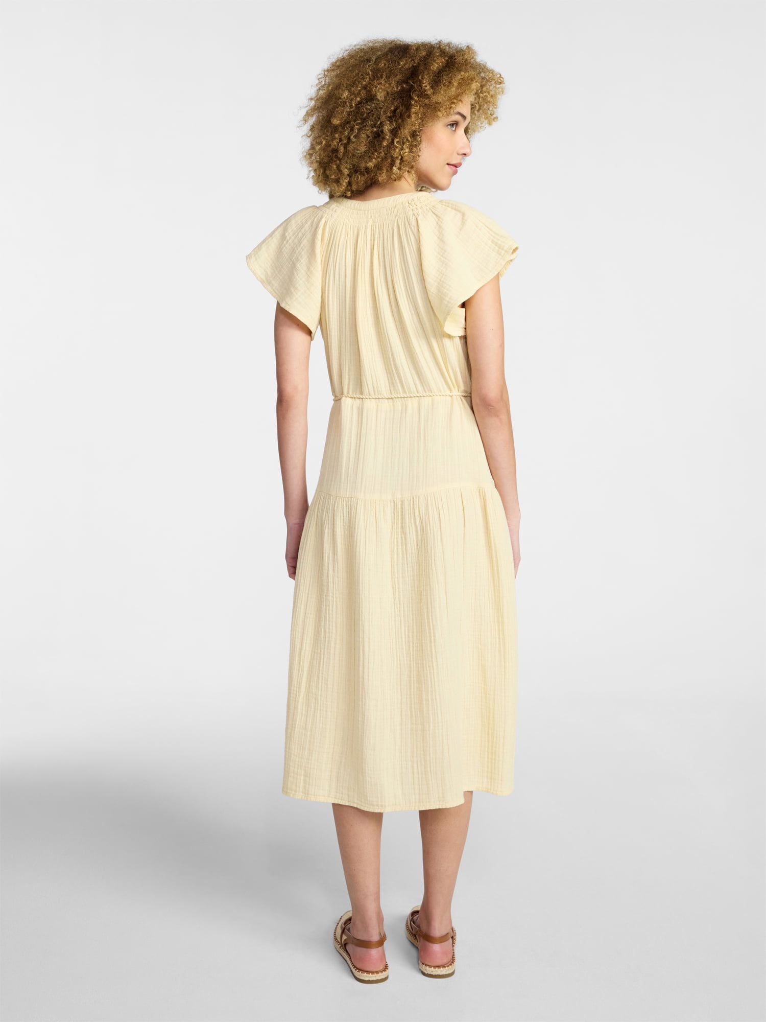 Time and Tru Women's Cotton Double Cloth Midi Dress with Short Flutter Sleeves, Sizes XS-XXXL