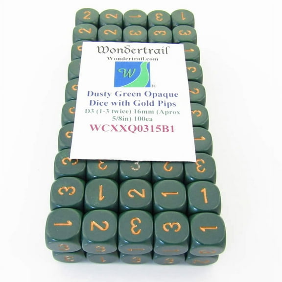 Dusty Green Opaque Dice with Gold Numbers D3 (D6 1-3 Twice) 16mm (5/8in) Pack of 100 Wondertrail