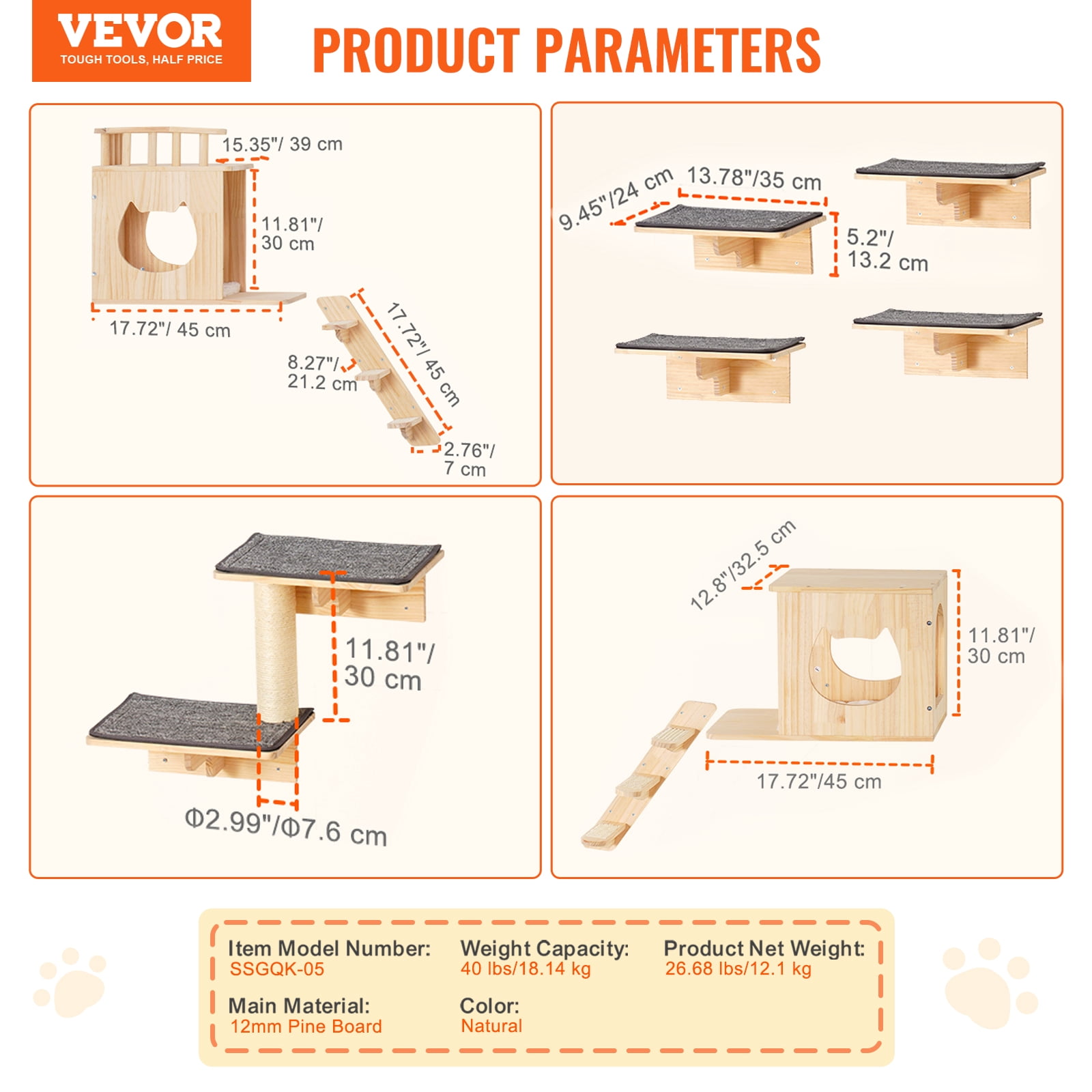 VEVOR Wall Mounted Cat Shelves, Cat Wall Shelves and Perches with Jumping Boards, Cat Beds, Hammocks & Cat Tree, Cat Furniture and Shelves up to 40 lbs for Sleeping, Playing, Climbing, Set of 9