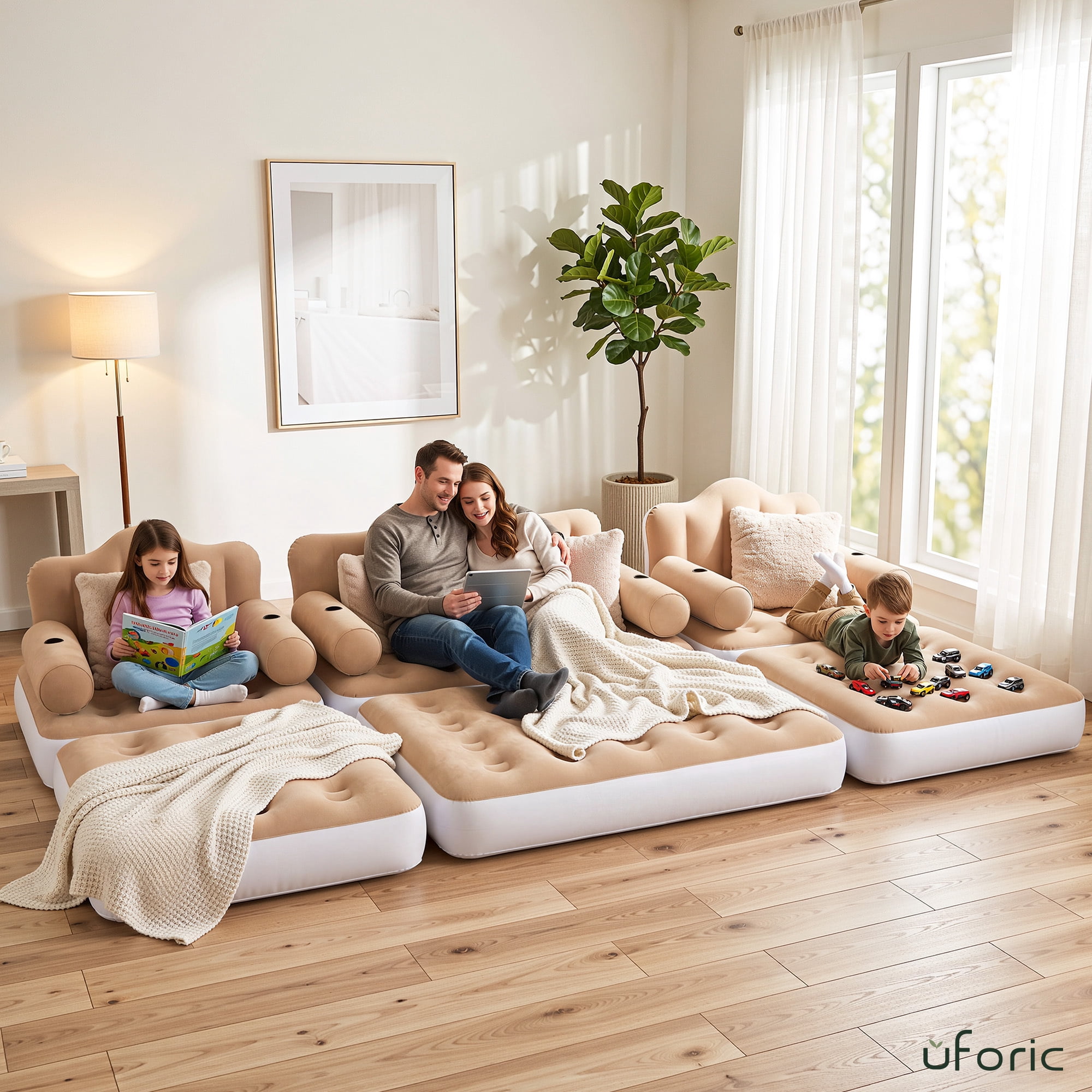 Uforic 3-Piece Air Sofa Bed Set with Pump, Queen & 2 Twin Size 2-in-1 Convertible Inflatable Sofa Bed with Headboard, Cup Holders, Carry Bag for Home Camping Guest Use, Khaki