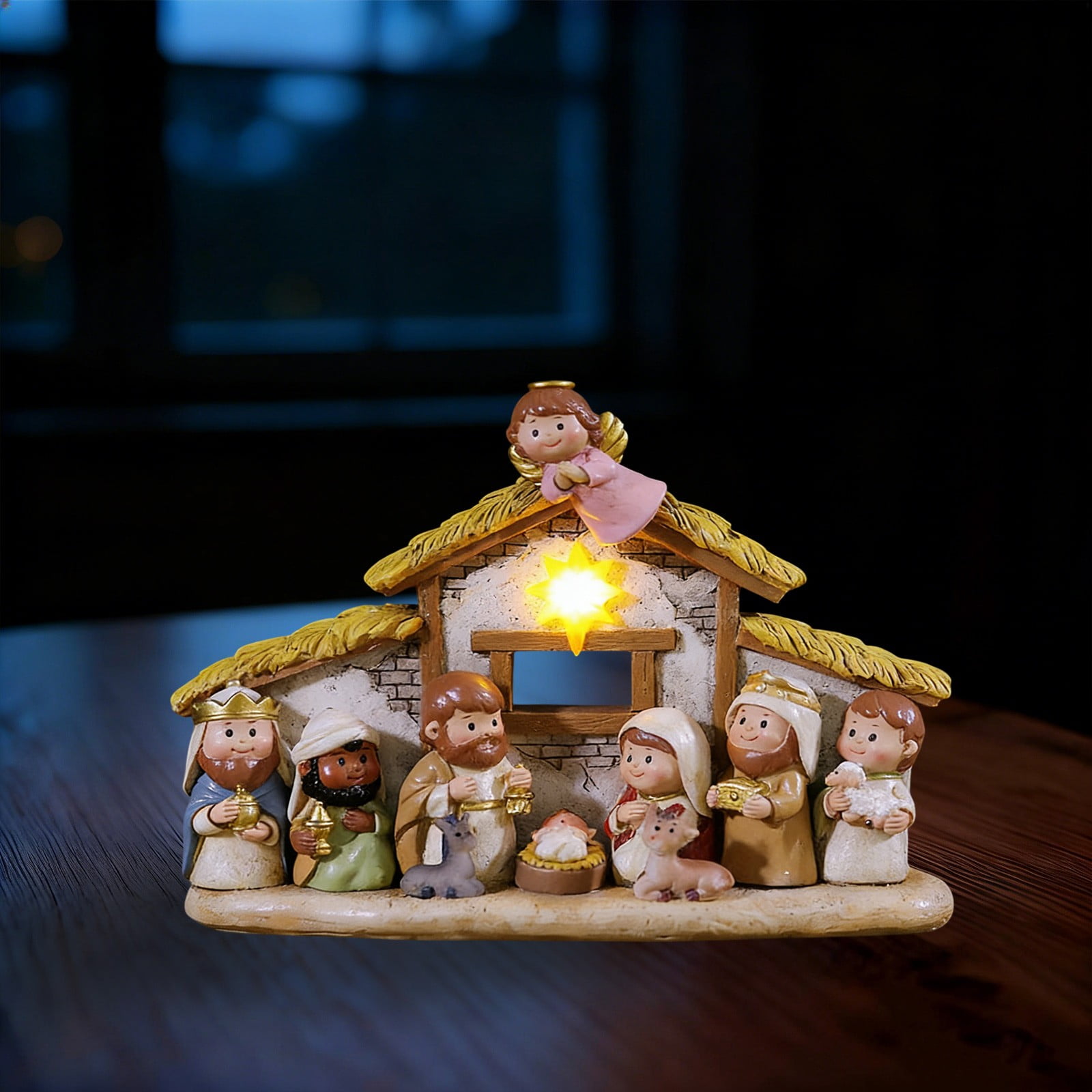 Christmas Nativity Set with LED Light,Mini Little People Nativity Scene-Hand Painted Manger Figurines with Baby Jesus,Religious Indoor Tabletop Decor,Christian Nativity Story Figures for Easter Gifts
