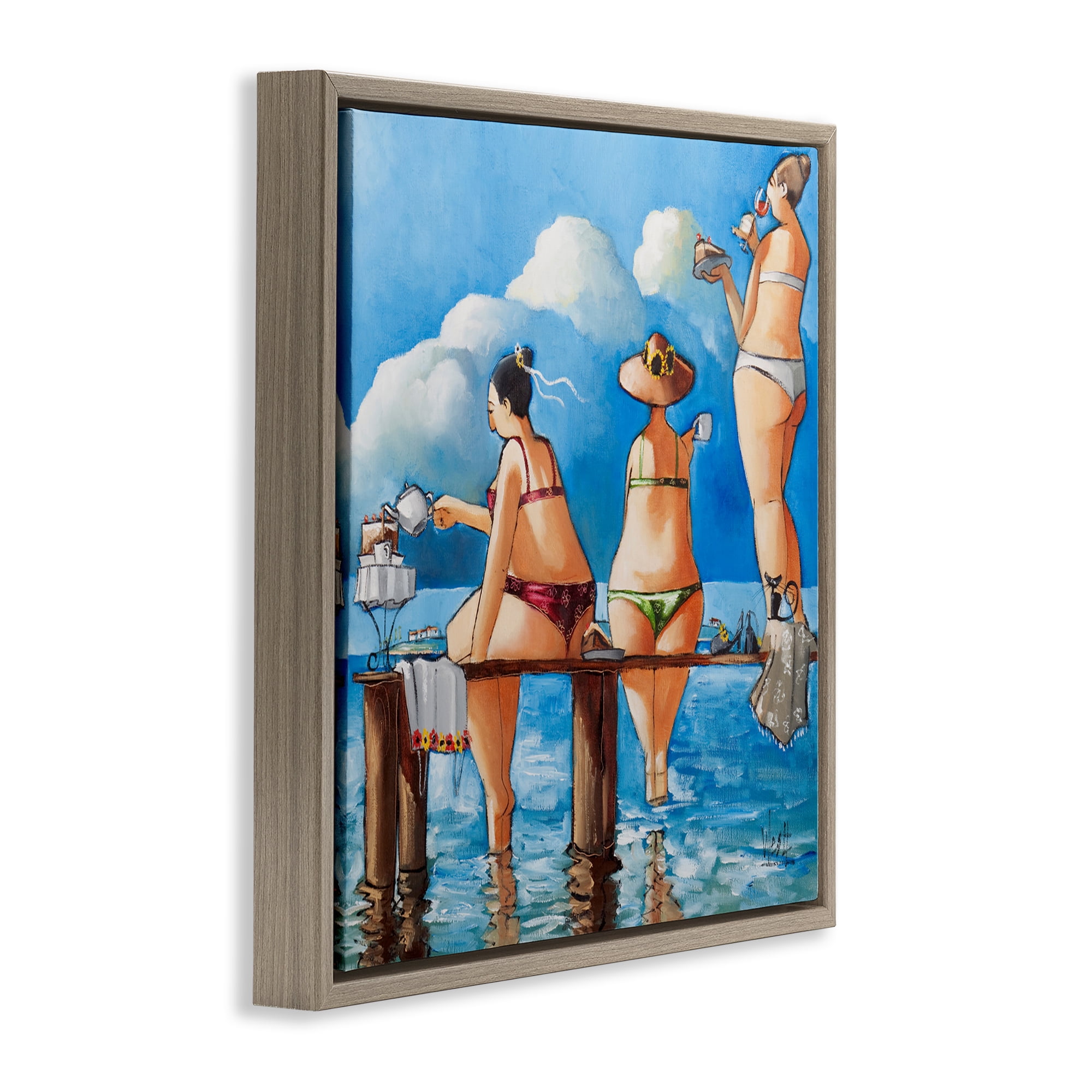 Tea Break On The Jetty Brown Framed Floater Canvas Wall Art, design by Ronald West