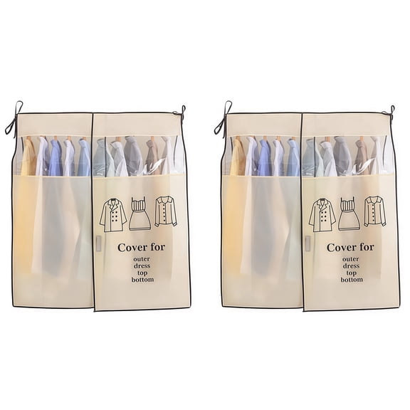 2 Pack Beige Garment Dust Cover Bags, Transparent Breathable Hanging Clothes Storage Cover with Zipper, Large Space Dress Coat Protector for Closet Wardrobe Clothing Organizer