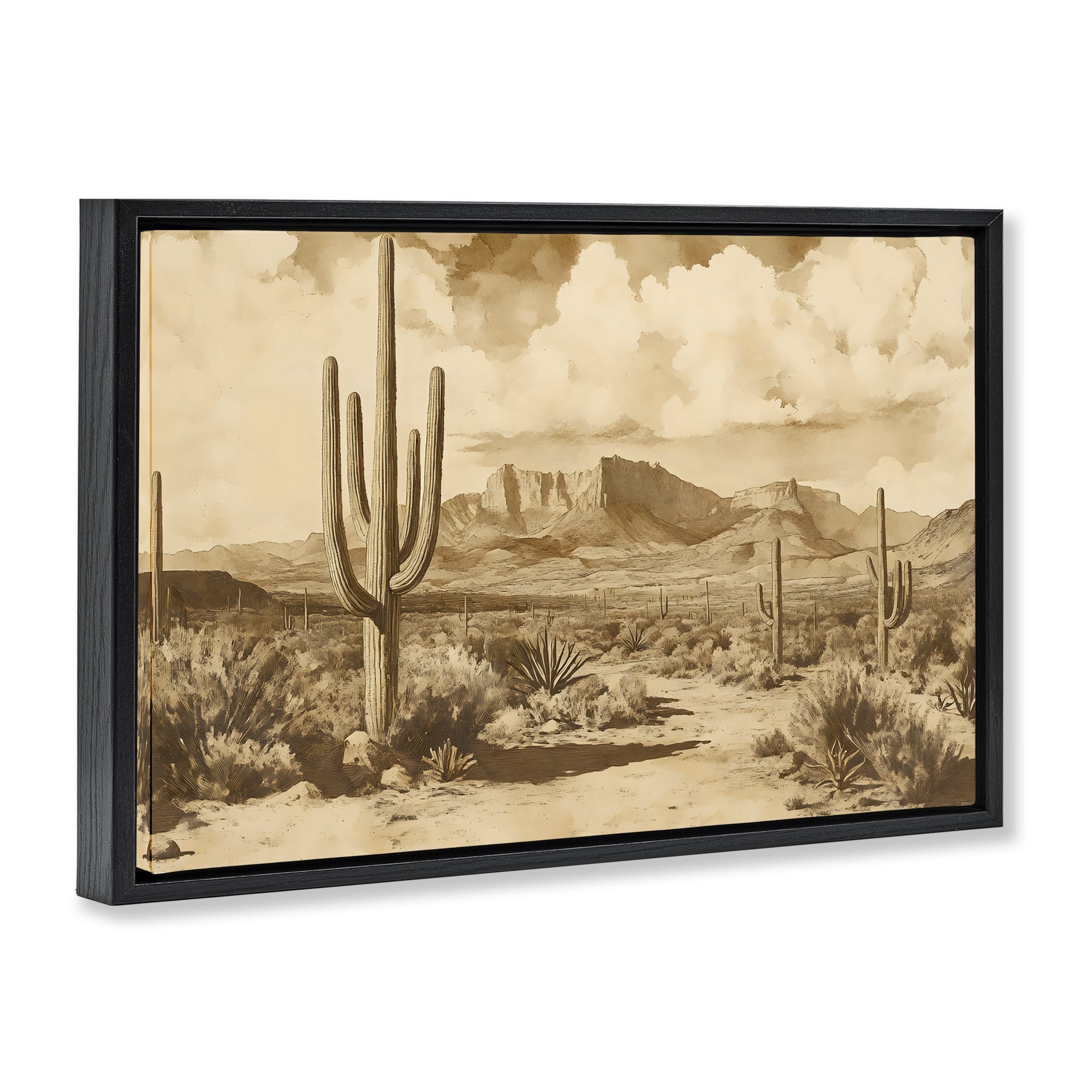 Stupell Industries Vintage Desert Peaks with Saguaro Black Framed Floater Canvas Wall Art, design by Franklyn Gregory