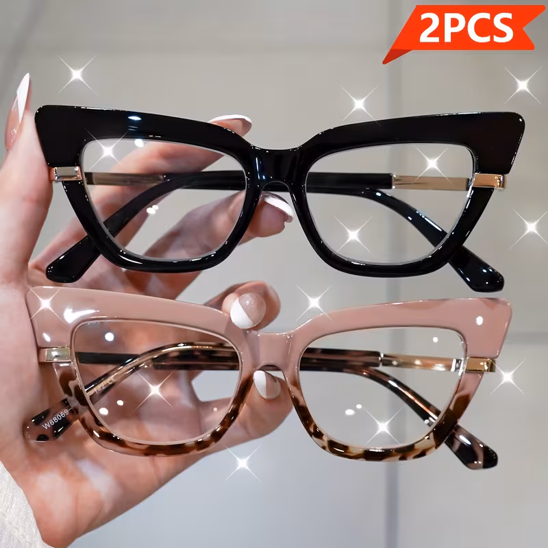 black+pink, variant on 2 Pack Cat Eye Color Block Reading Glasses for Women, Fashion Readers with Clear Lenses, +1.00 to +4.00 Magnification