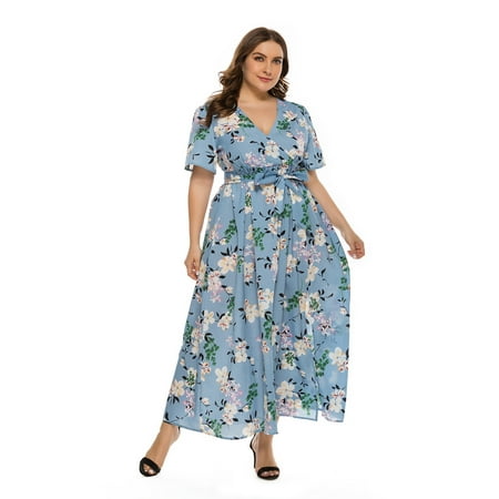 

Women s Plus Size Summer Short Sleeve V-Neck Floral Belted Dress Lightling Blue Large