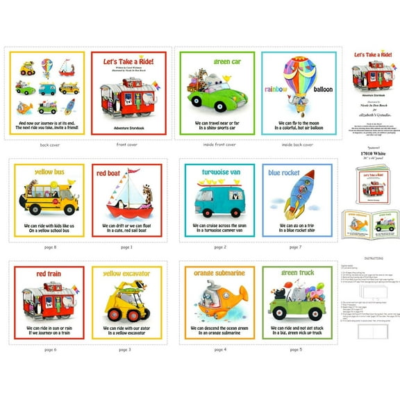 Lets Take A Ride Story Book Panel 35x44 by Elizabeth's Studio  Cotton Fabric