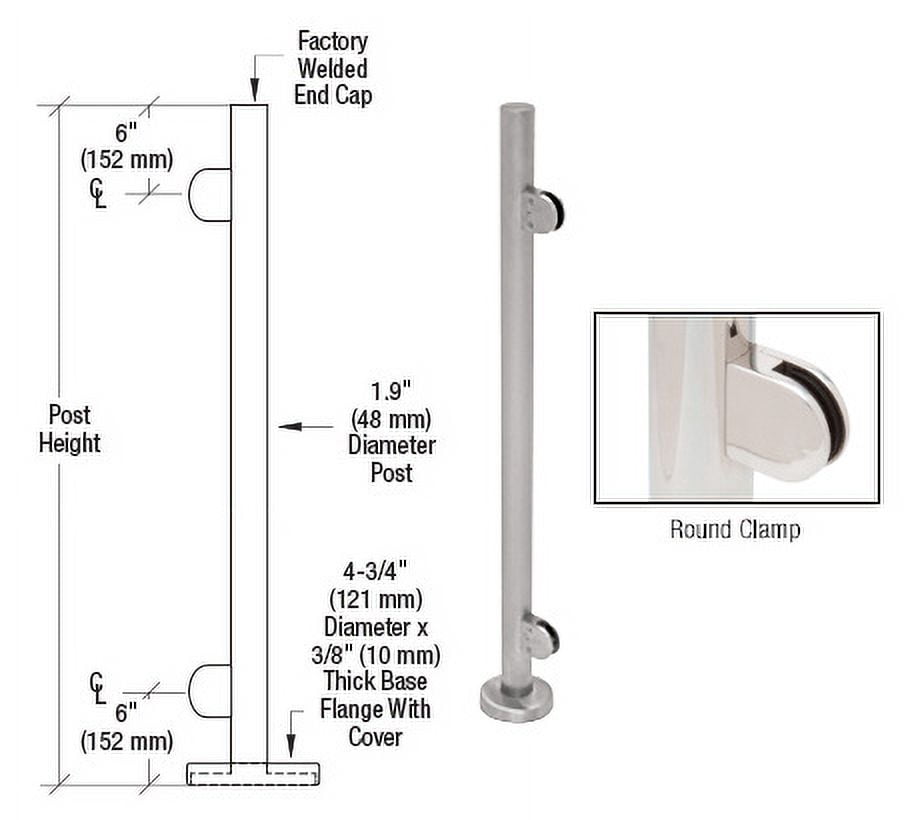 CRL PR36EBS Brushed Stainless 36" Steel Round Glass Clamp End Post Railing Kit