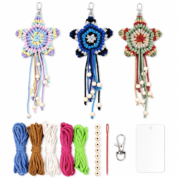 Wondiair DIY Keychain Making Kit with Boho Star Macrame Design, Handmade Bag Charm Craft Set with Cotton Cord and Beads, Creative DIY Gift Yellow