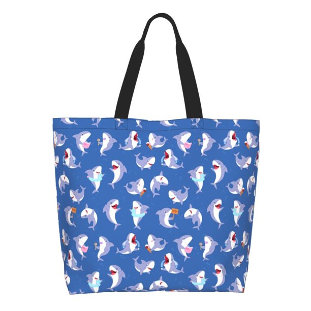 Fotbe Cute Shark Bolsa Tote Estética de Lona con Estampado para Mujer - Bolsa Reutilizable de Hombro Casual para Vacaciones, Compras, Trabajo y Gimnasio